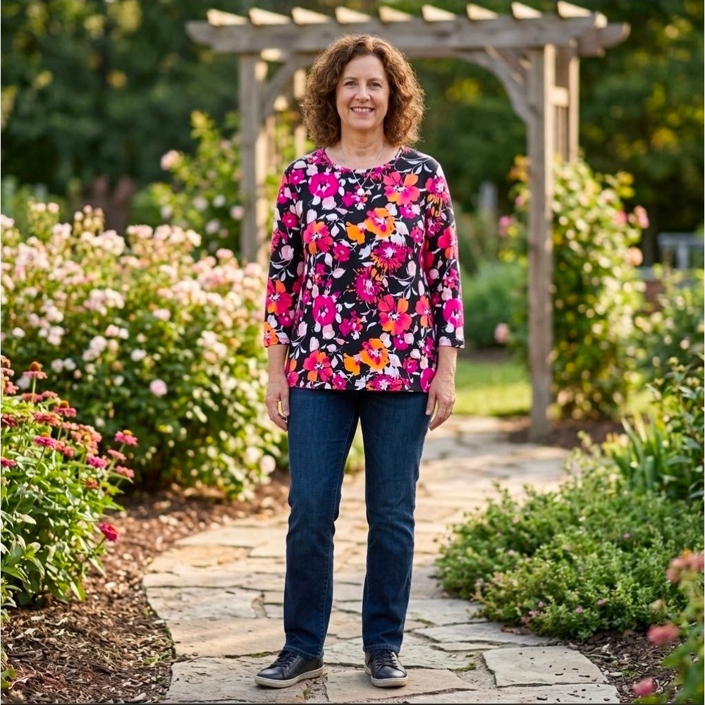 Kim Rogers Perfectly Soft Floral Top Black Pink 3/4 Sleeve P/L Petite Large